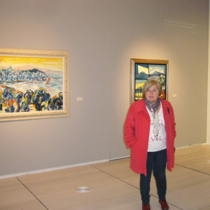 Maruxa Villares ante la obra de Barreiro Vista de Vigo desde A Guía